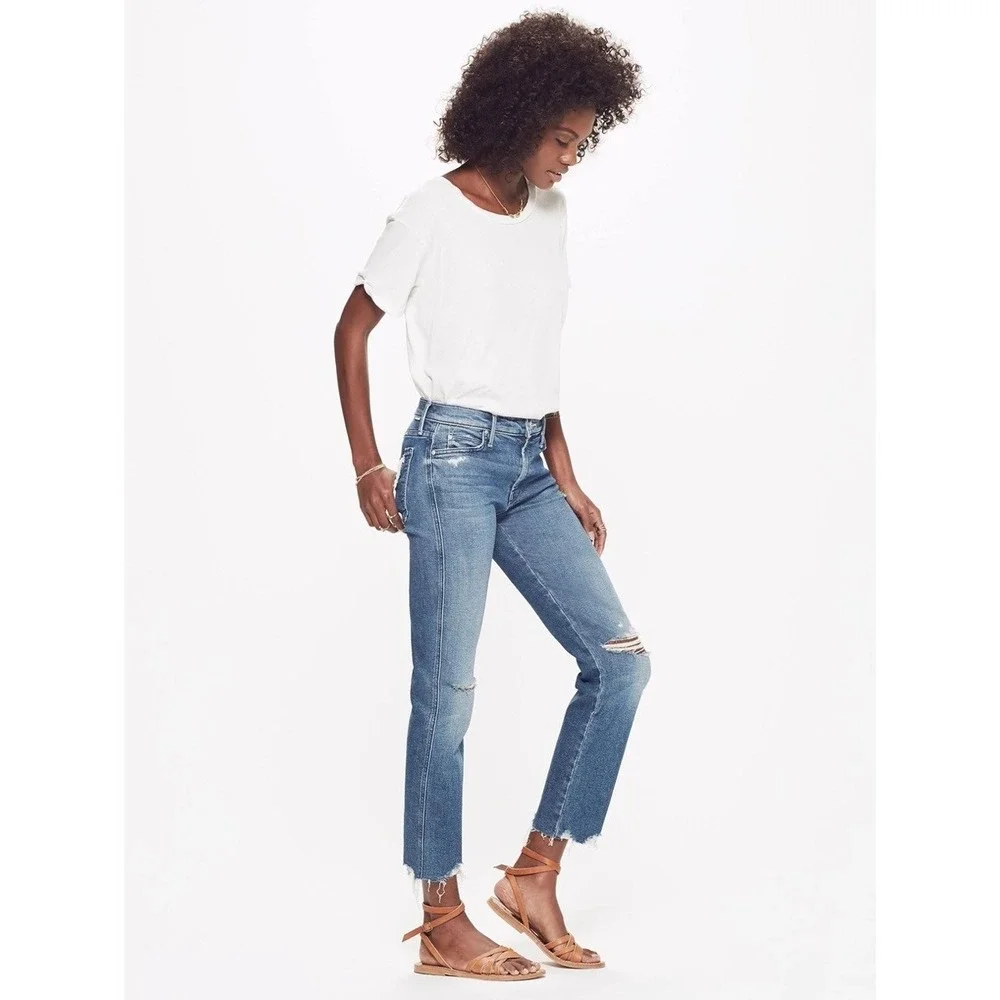 MOTHER The Rascal Ankle Chew Jeans Learning to Hula Distressed Straight Crop 26